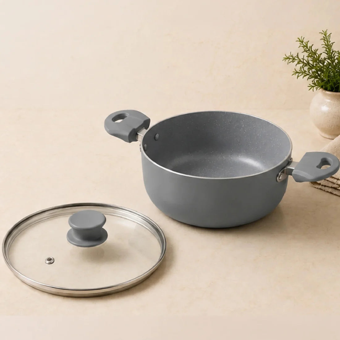 Grey Non-Stick Biryani Pan with Glass Lid | Deep Cooking Kadhai for Indian Kitchens 4300ml