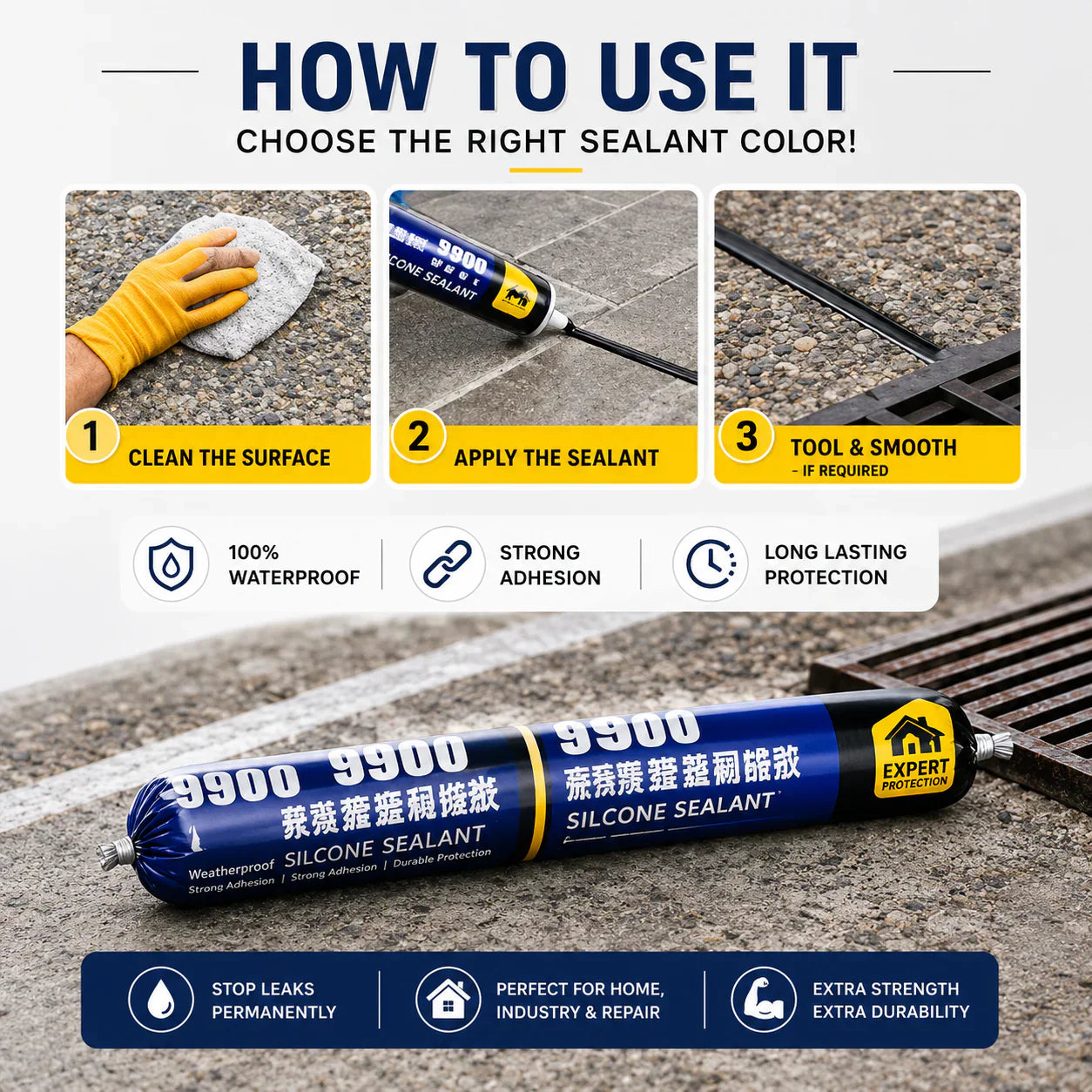Waterproof Silicone Sealant for Roof & Leak Repair (Flexible & Paintable)