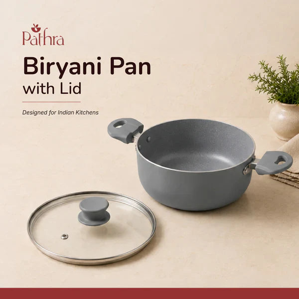 Grey Non-Stick Biryani Pan with Glass Lid | Deep Cooking Kadhai for Indian Kitchens 4300ml