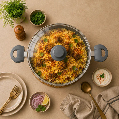 Grey Non-Stick Biryani Pan with Glass Lid | Deep Cooking Kadhai for Indian Kitchens 4300ml