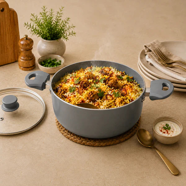 Grey Non-Stick Biryani Pan with Glass Lid | Deep Cooking Kadhai for Indian Kitchens 4300ml