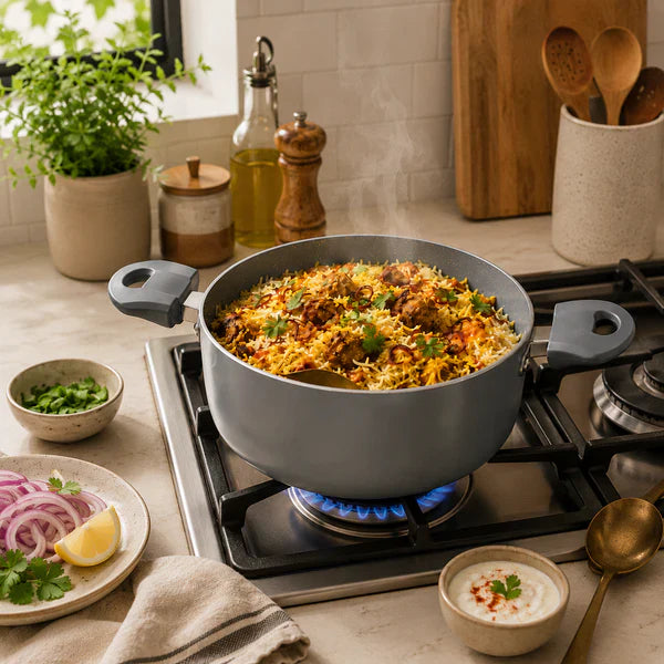 Grey Non-Stick Biryani Pan with Glass Lid | Deep Cooking Kadhai for Indian Kitchens 4300ml