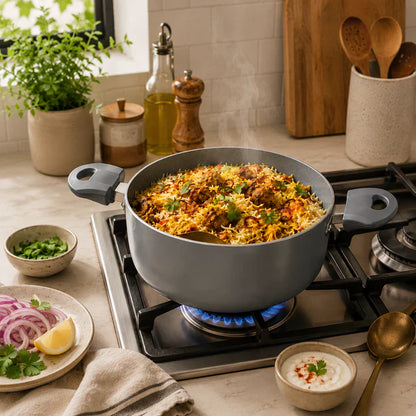 Grey Non-Stick Biryani Pan with Glass Lid | Deep Cooking Kadhai for Indian Kitchens 4300ml