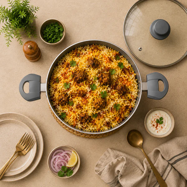 Grey Non-Stick Biryani Pan with Glass Lid | Deep Cooking Kadhai for Indian Kitchens 4300ml