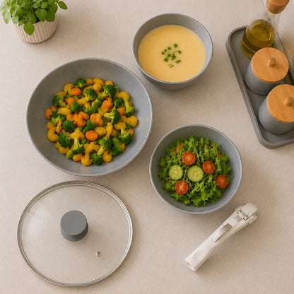 Grey Premium Non-Stick Cookware Set with Detachable Handle & Glass Lid