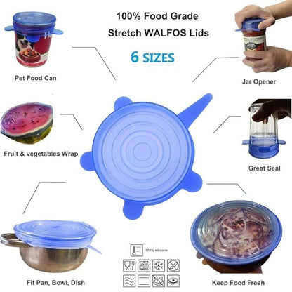 Microwave Safe Silicone Stretch Lids Reusable Flexible Covers for Round, Square Bowls, Dishes, Plates, Jars and Mugs Food and Bowl Cover (Pack of 6)