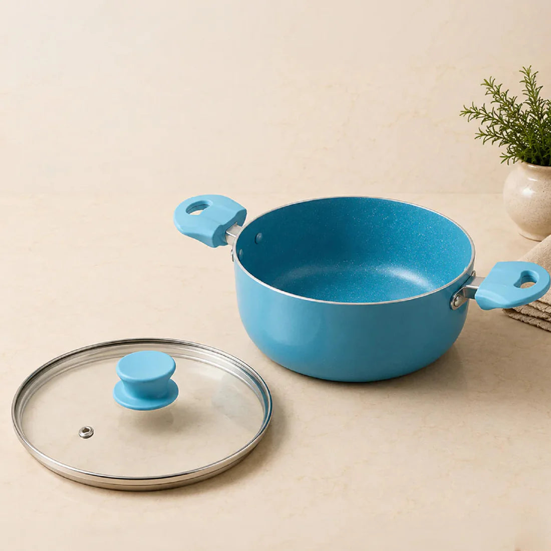 Aqua Blue Non-Stick Biryani Pan with Glass Lid | Deep Cooking Kadhai for Indian Kitchens 4300ml
