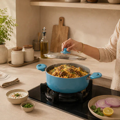 Aqua Blue Non-Stick Biryani Pan with Glass Lid | Deep Cooking Kadhai for Indian Kitchens 4300ml