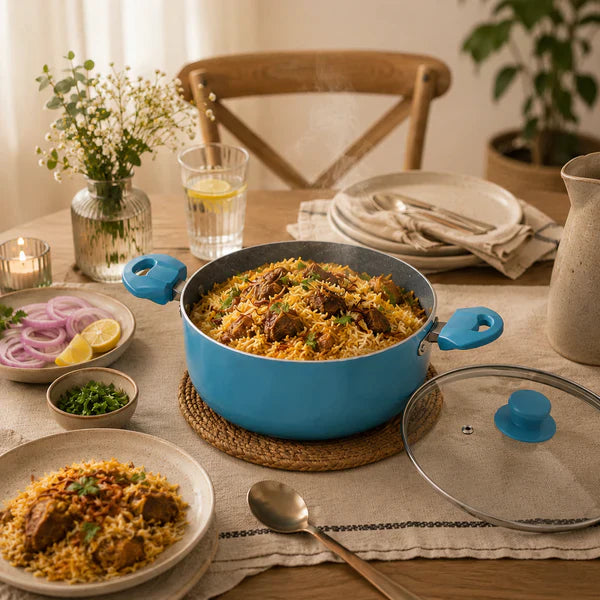 Aqua Blue Non-Stick Biryani Pan with Glass Lid | Deep Cooking Kadhai for Indian Kitchens 4300ml