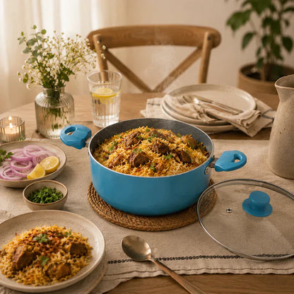 Aqua Blue Non-Stick Biryani Pan with Glass Lid | Deep Cooking Kadhai for Indian Kitchens 4300ml