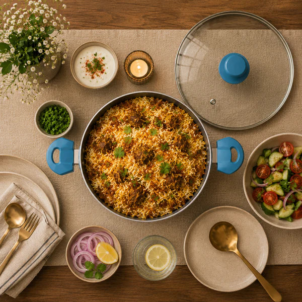 Aqua Blue Non-Stick Biryani Pan with Glass Lid | Deep Cooking Kadhai for Indian Kitchens 4300ml