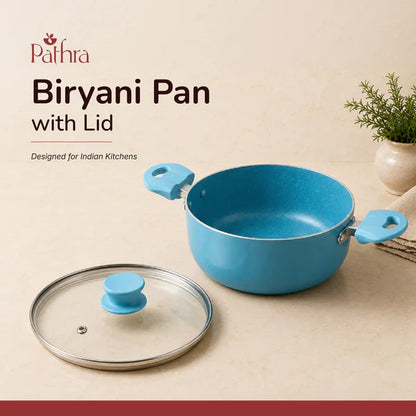 Aqua Blue Non-Stick Biryani Pan with Glass Lid | Deep Cooking Kadhai for Indian Kitchens 4300ml