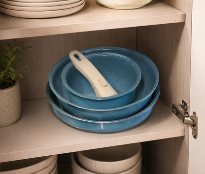 Aqua Blue Premium Non-Stick Cookware Combo Set with Detachable Handle & Glass Lid