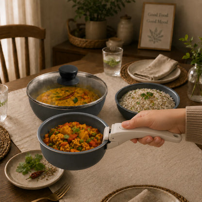 Grey Premium Non-Stick Cookware Set with Detachable Handle & Glass Lid