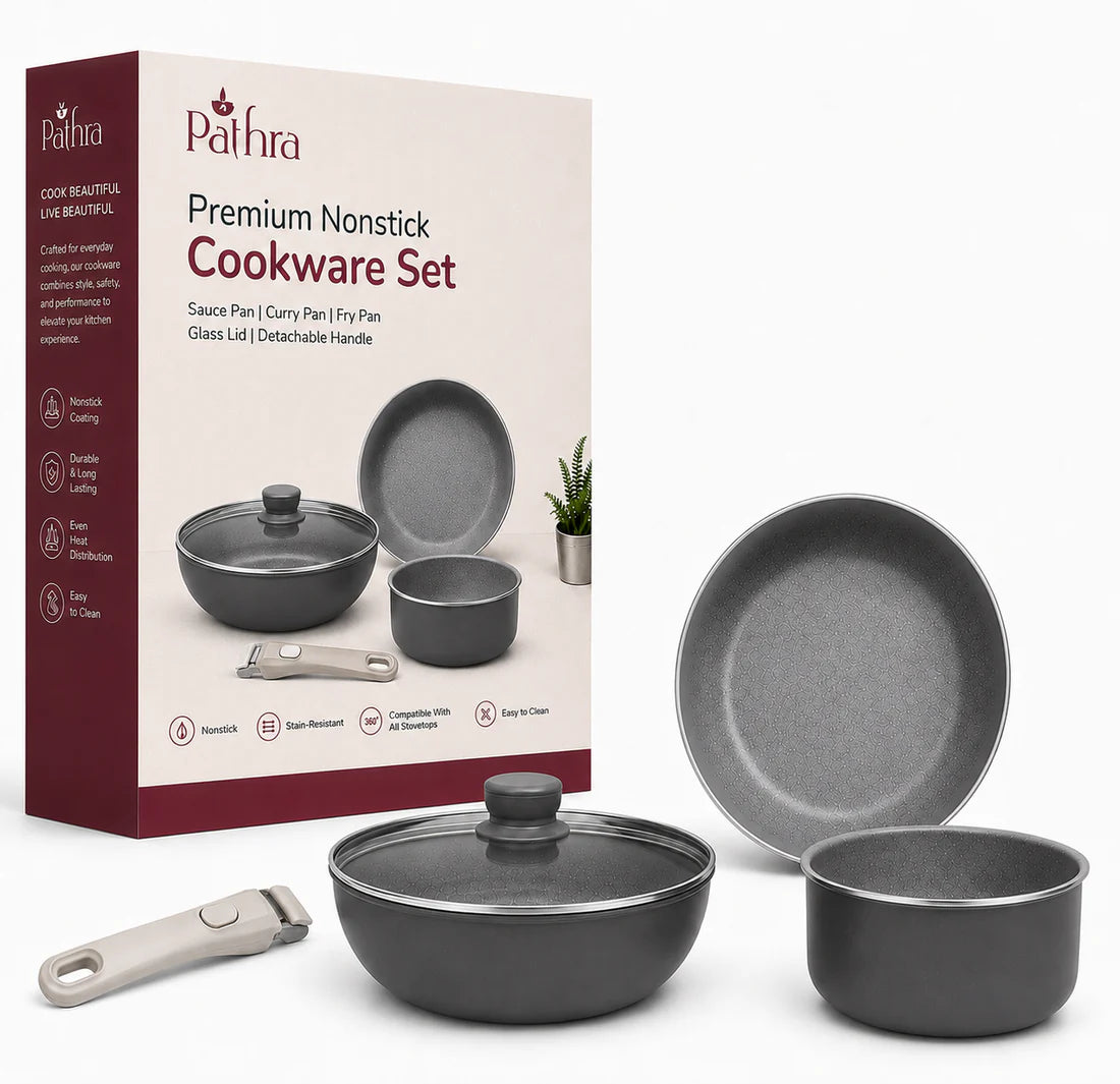 Grey Premium Non-Stick Cookware Set with Detachable Handle & Glass Lid