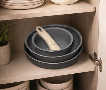 Grey Premium Non-Stick Cookware Set with Detachable Handle & Glass Lid