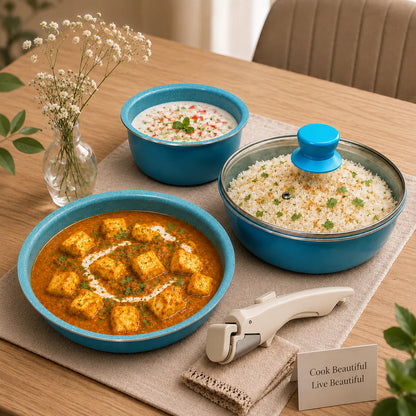 Aqua Blue Premium Non-Stick Cookware Combo Set with Detachable Handle & Glass Lid