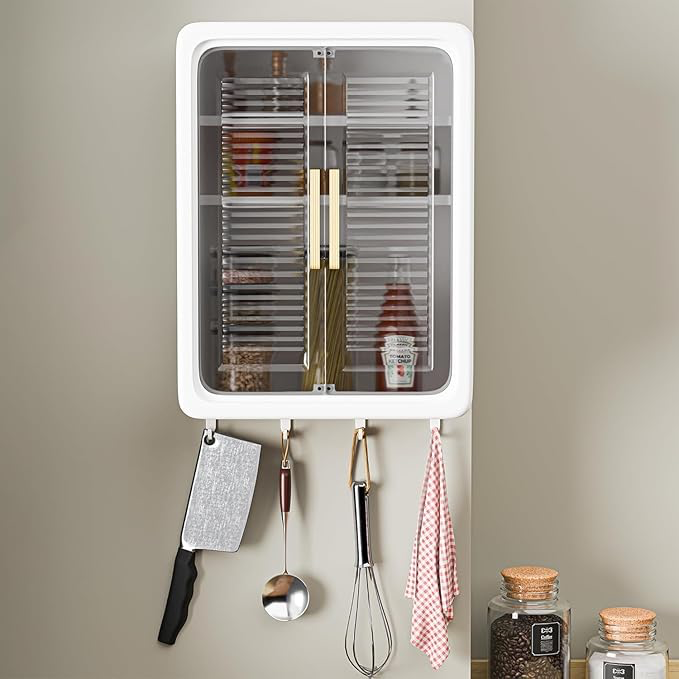 Wall Mounted Bathroom Cabinet Organizer with Doors, Organiser Without Drill, Hooks & Shelves