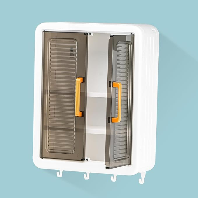 Wall Mounted Bathroom Cabinet Organizer with Doors, Organiser Without Drill, Hooks & Shelves