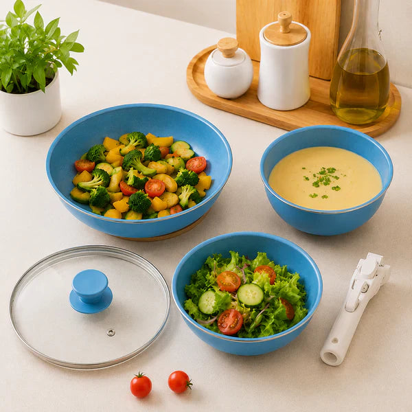 Aqua Blue Premium Non-Stick Cookware Combo Set with Detachable Handle & Glass Lid