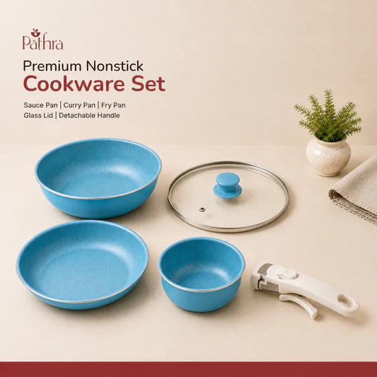 Aqua Blue Premium Non-Stick Cookware Combo Set with Detachable Handle & Glass Lid