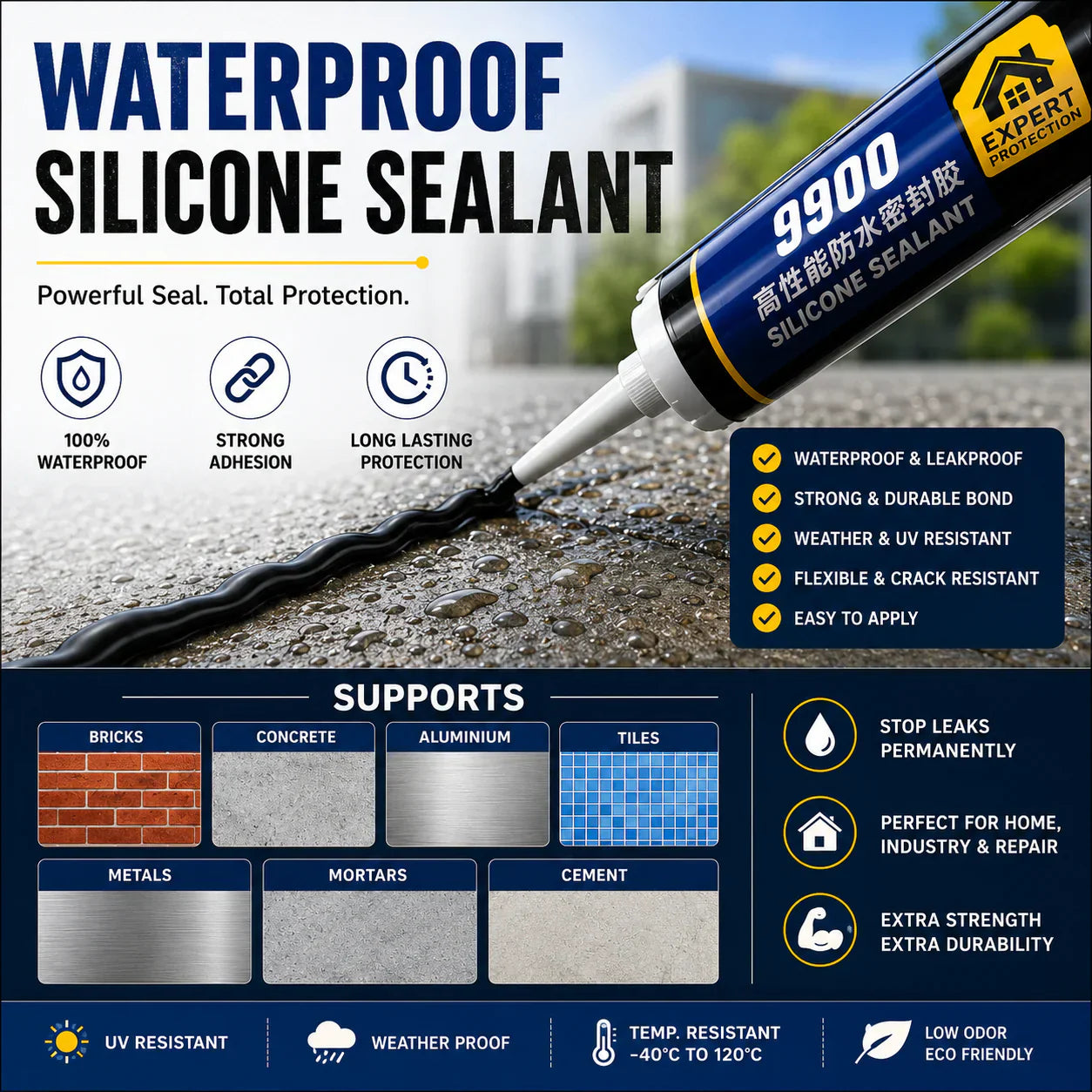 Waterproof Silicone Sealant for Roof & Leak Repair (Flexible & Paintable)
