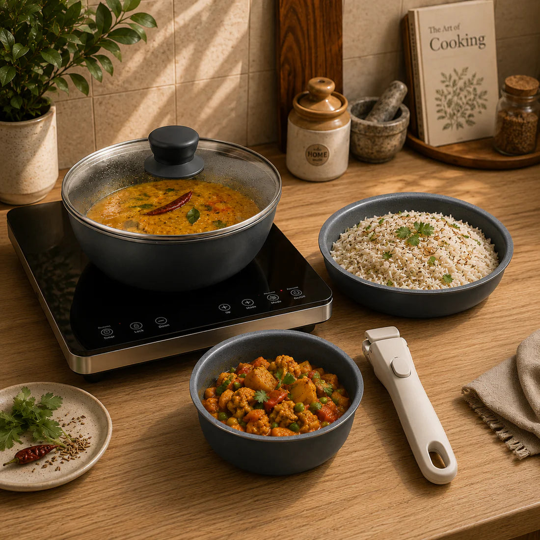 Grey Premium Non-Stick Cookware Set with Detachable Handle & Glass Lid