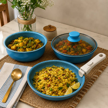 Aqua Blue Premium Non-Stick Cookware Combo Set with Detachable Handle & Glass Lid