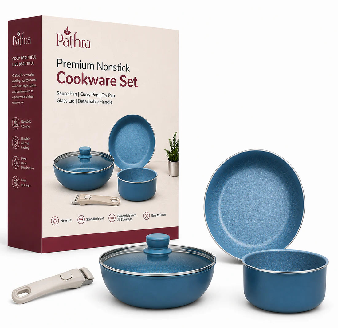 Aqua Blue Premium Non-Stick Cookware Combo Set with Detachable Handle & Glass Lid
