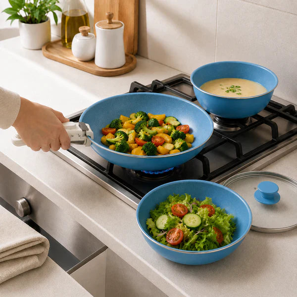 Aqua Blue Premium Non-Stick Cookware Combo Set with Detachable Handle & Glass Lid